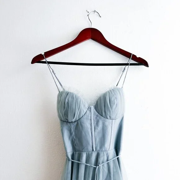 Angel Biba Smitten Sweetheart Neckline Chiffon Midi Dress in Blue Sage - Picture 5 of 8